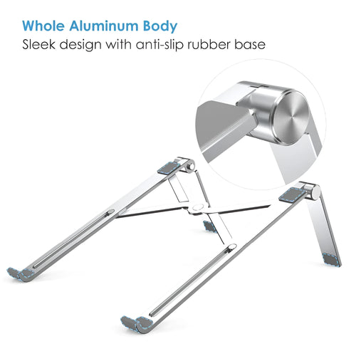 Black aluminium adjustable notebook stand for laptops on a desk.
