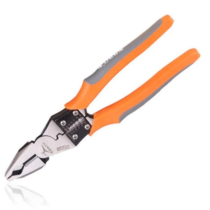 Orange handled multi-function wire cutter with forged alloy steel jaws on a workbench.