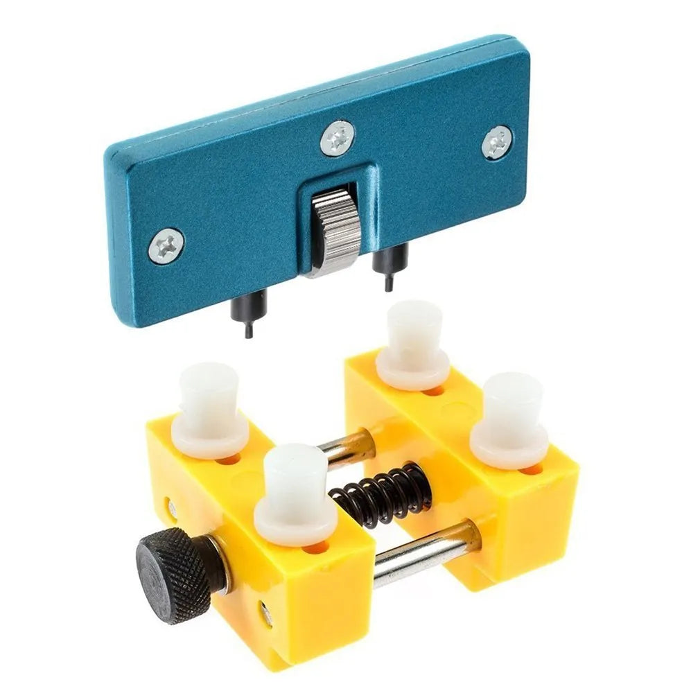 Yellow plastic watch case opener repair tool set with fixing base and four pillars