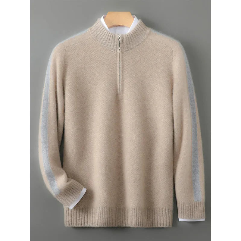 Half-zip round neck sheep wool knitted sweater in slim fit, shown in one of four colour options.