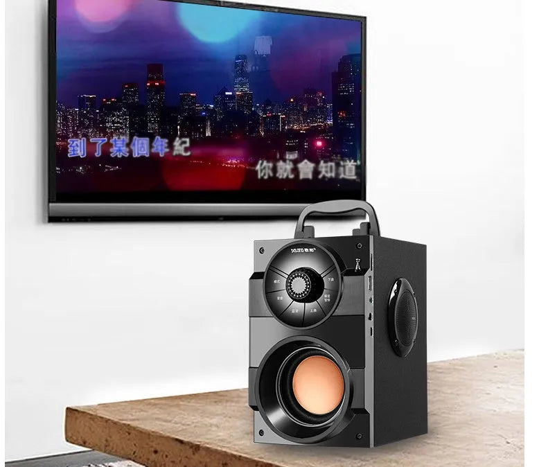 Black portable audio system with subwoofer and satellite speakers, USB cable and 1.2m audio connection cable