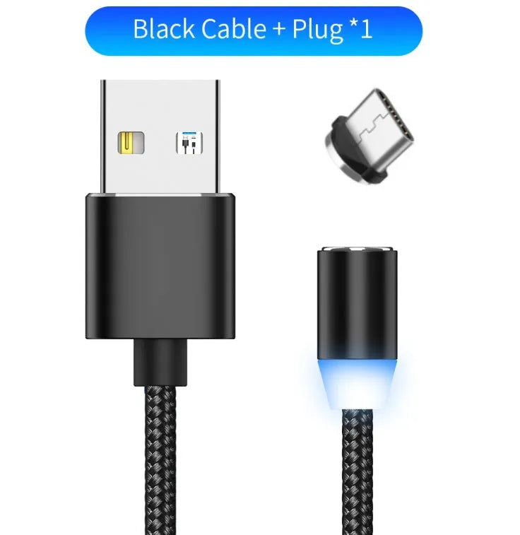 Black magnetic LED charging cable with aluminium shell and woven texture, showing LED light and connector.