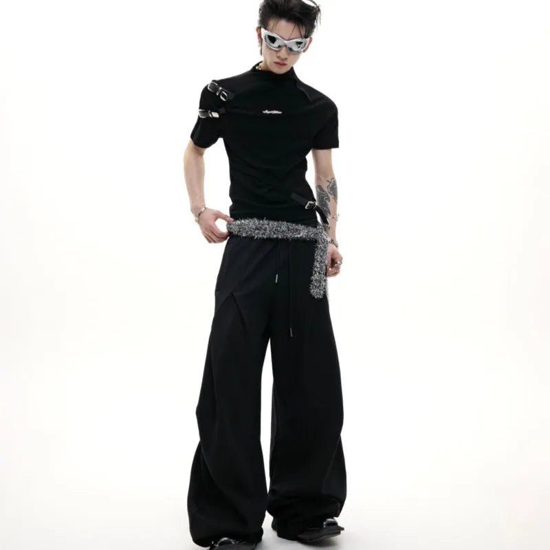 Men's slim fit cotton T-shirt with small stand-up collar and short sleeves in black colour