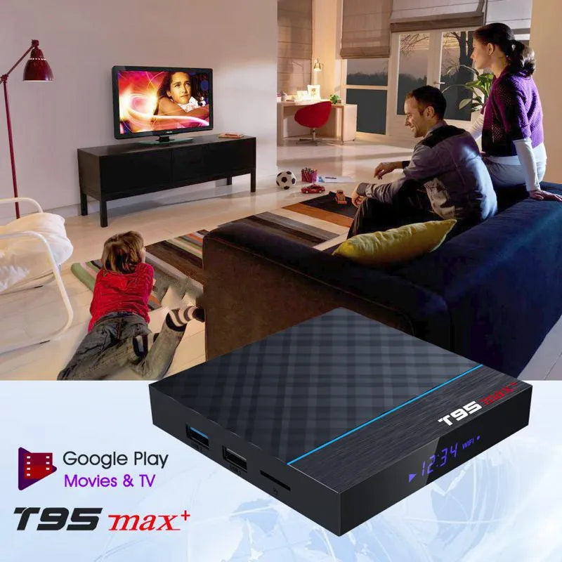 Black T95 Max Plus Android TV Box with remote, showing UK plug power adapter.