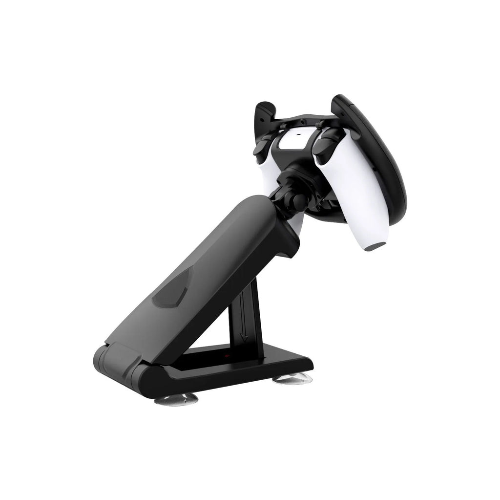 Black ABS plastic gamepad steering wheel bracket with a suction cup mount for mobile phones.
