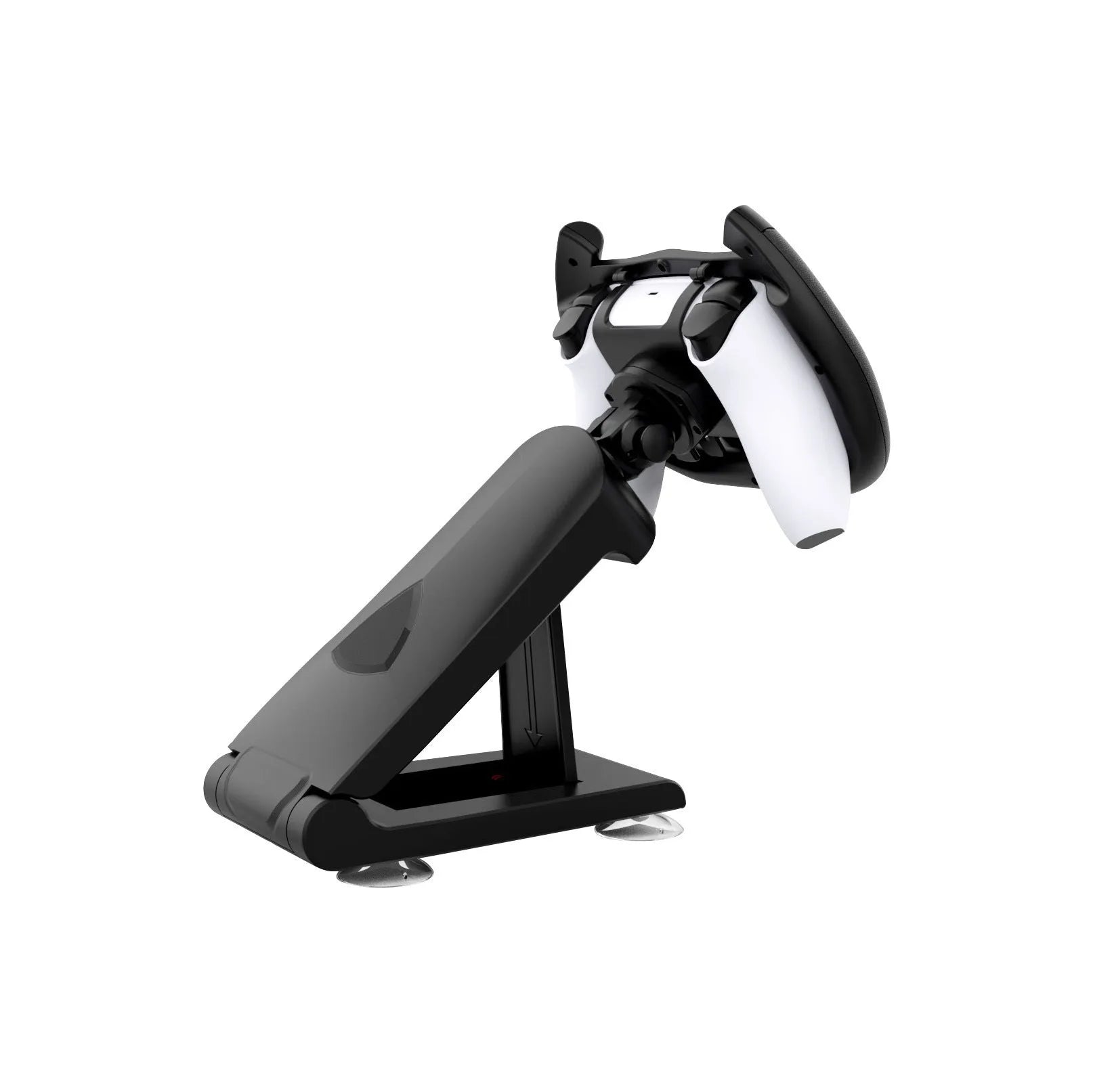 Black ABS plastic gamepad steering wheel bracket with a suction cup mount for mobile phones.