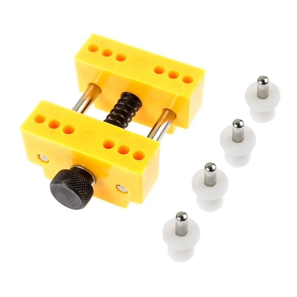 Yellow plastic watch case opener repair tool set with fixing base and four pillars