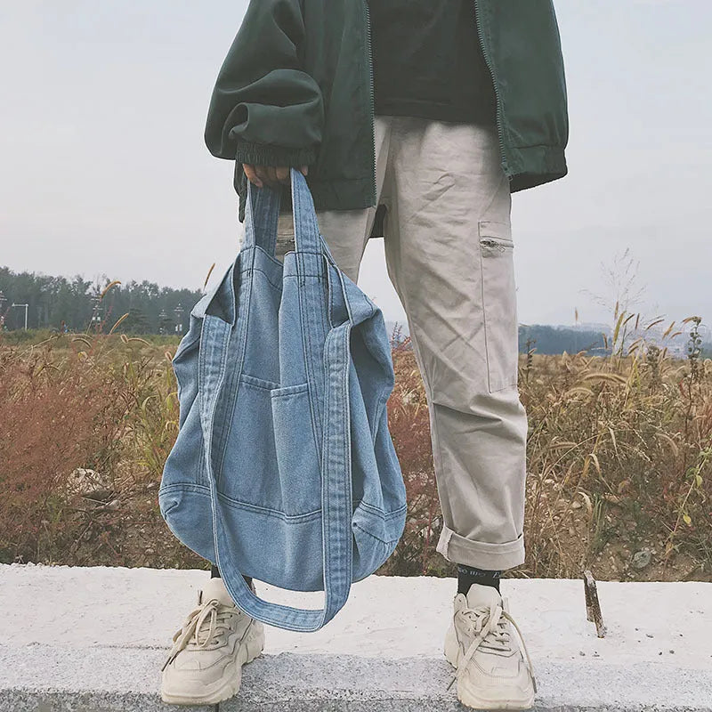 Canvas denim shipping bag large capacity tote bag women's shoulder bag with polyester lining Dark Blue