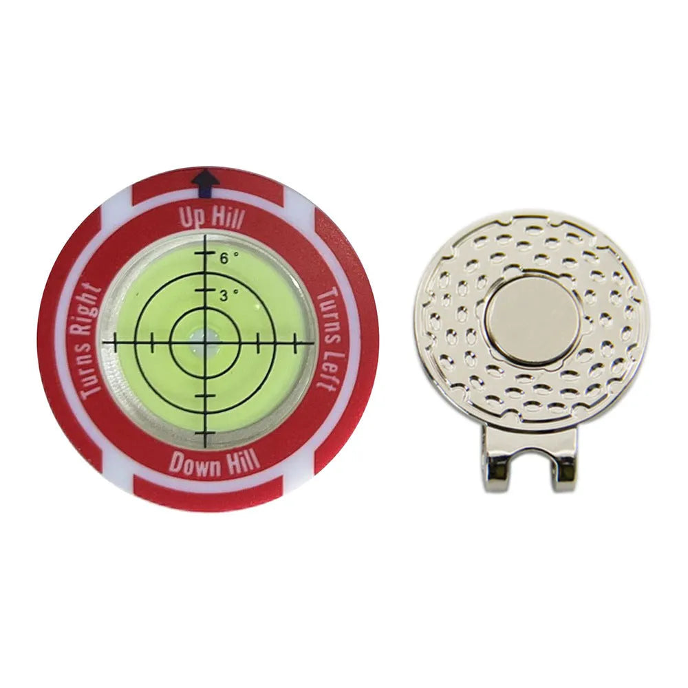 Golf level hat clip measurement tool with green level face and position marks in six colour options
