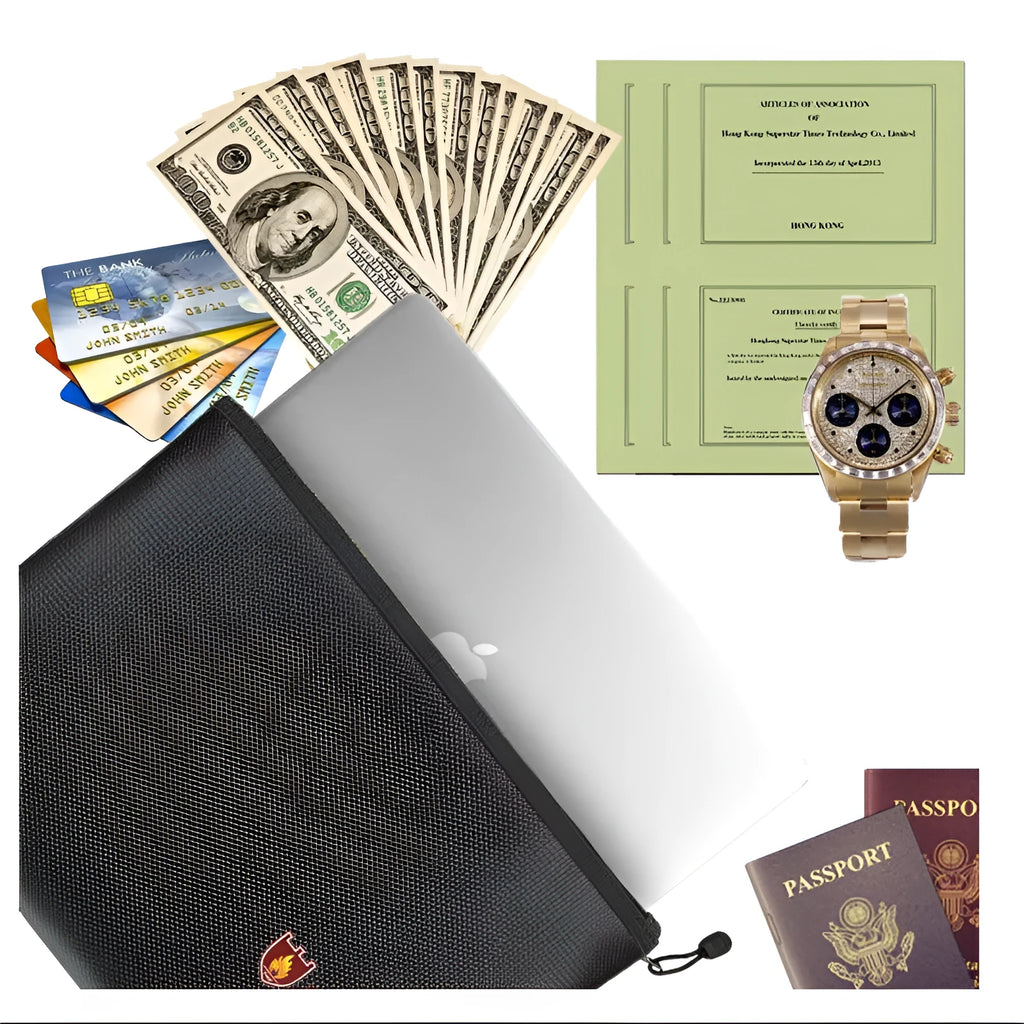 Black fire-proof document bag with a zip closure, shown in small, medium, and large sizes.