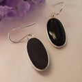 Black agate oval pendant earrings with 925 silver electroplating and geometric Chinese design elements