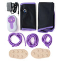Pneumatic leg massager with handheld remote control and AC power cord on a home floor