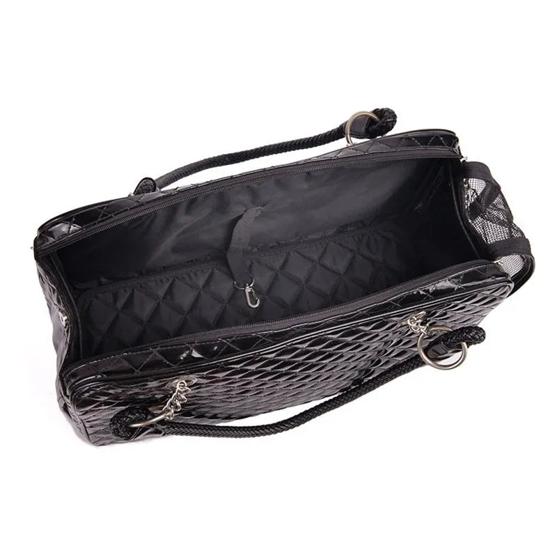 Portable PVC pet bag for Teddy pets, available in black and white, lightweight carrier for small dogs