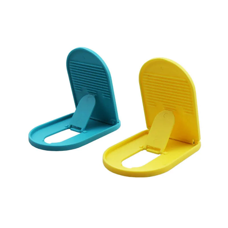 Plastic lazy bracket phone stand holding a mobile phone, shown in multiple colour options