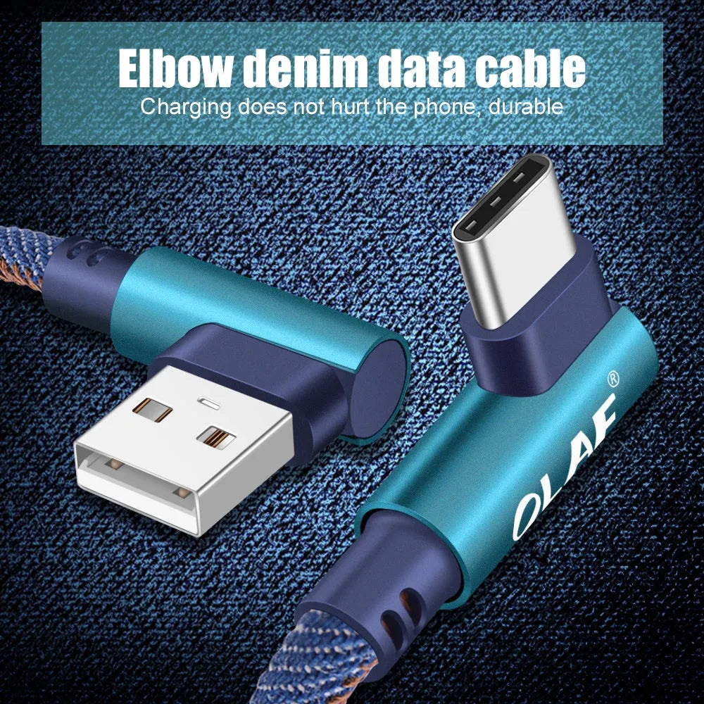 Denim fabric fast charging USB cable with aluminium connectors in black, blue, and red for Android and Type C phones.