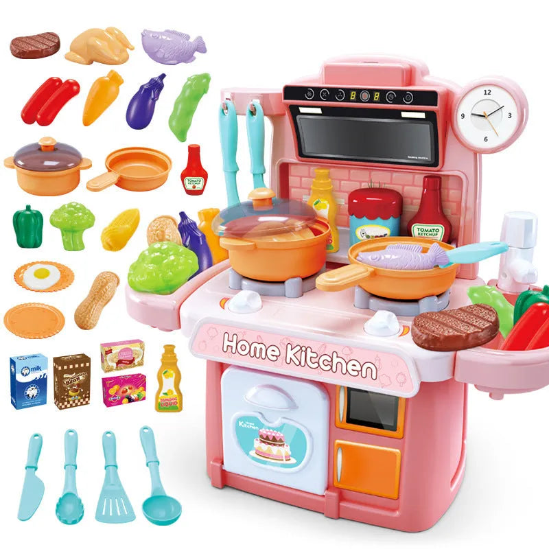 Kids dishwasher play set with 23 pink accessories and electronic components on a play table
