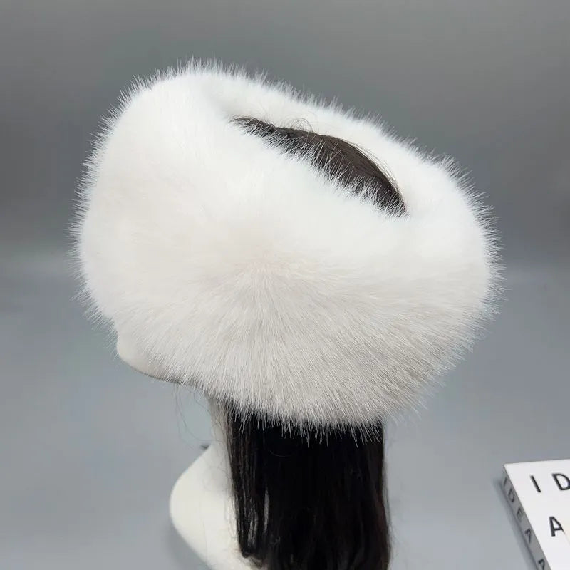 Antique white ethnic style knitted hat without top, acrylic dome crown beanie, average size with elastic inside