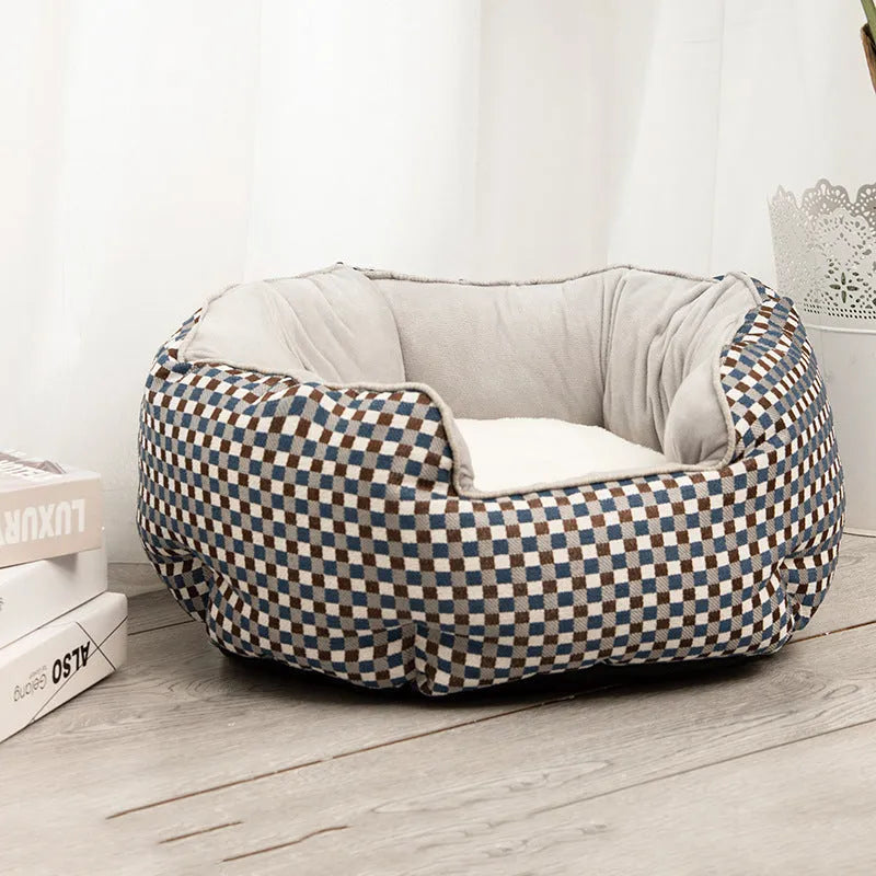 Octagonal pet bed with removable mats in blue colour with soft wool point design