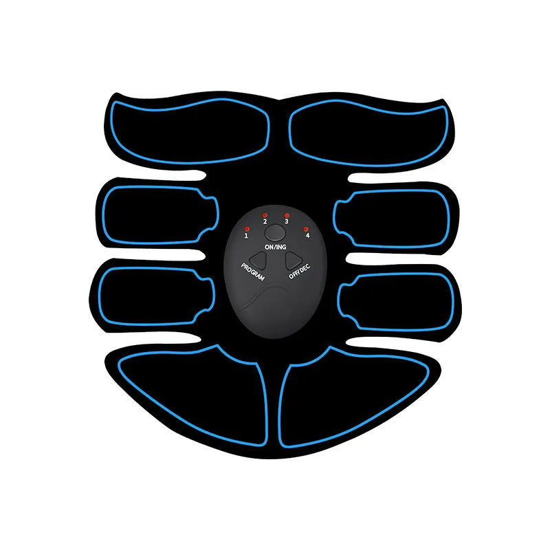 Digital abdominal muscle stimulation patch with three electrodes and colour-coded edges.