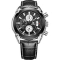 Men's multifunctional quartz chronograph watch with three subdials on a black or brown dial.