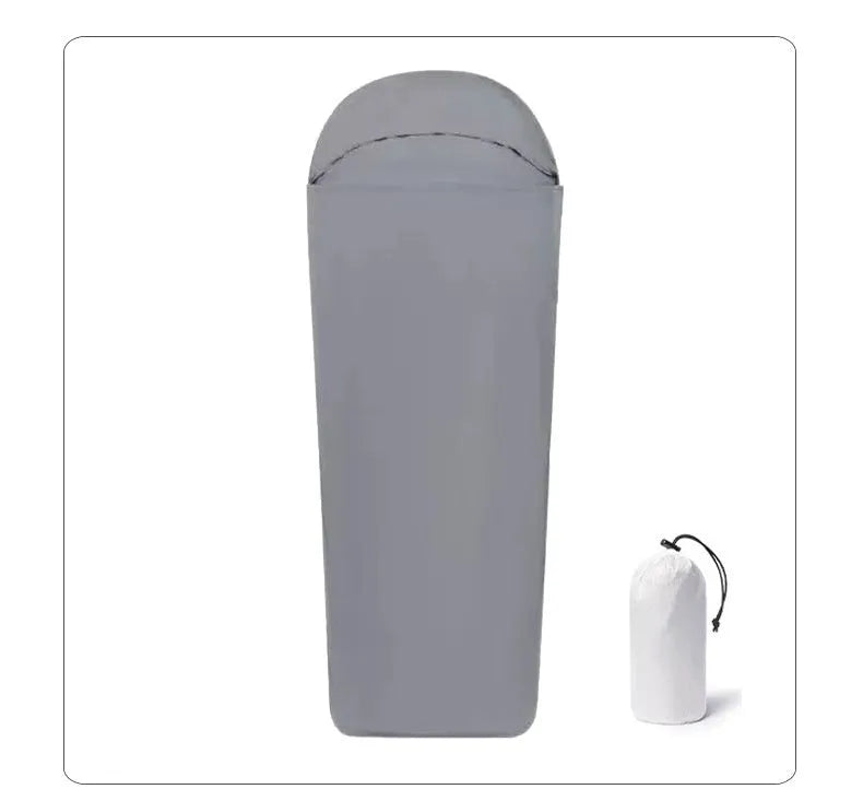 Blue mummy-style nylon camping sleeping bag with tapered design, shown rolled and unrolled.