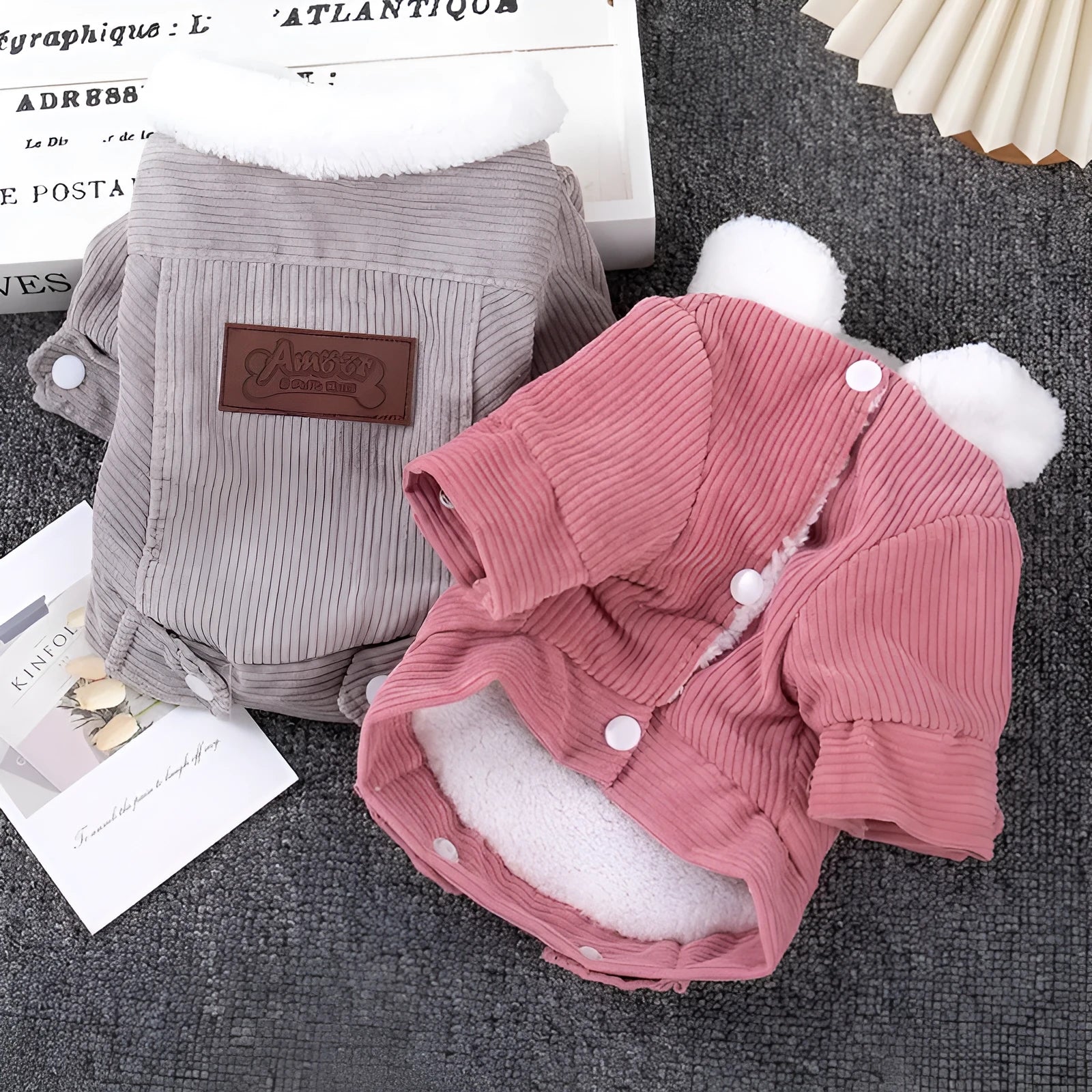 Lambswool grey padded dog vest with fleece lining for winter warmth.
