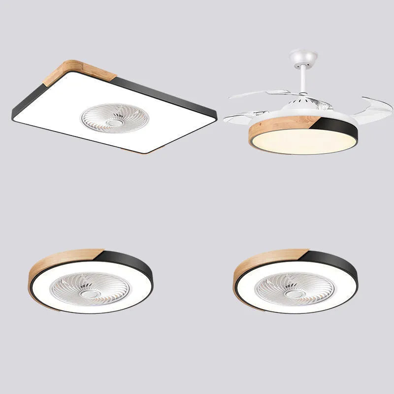 Nordic ceiling fan lamp with light and solid wood base in rectangular, round, and square designs