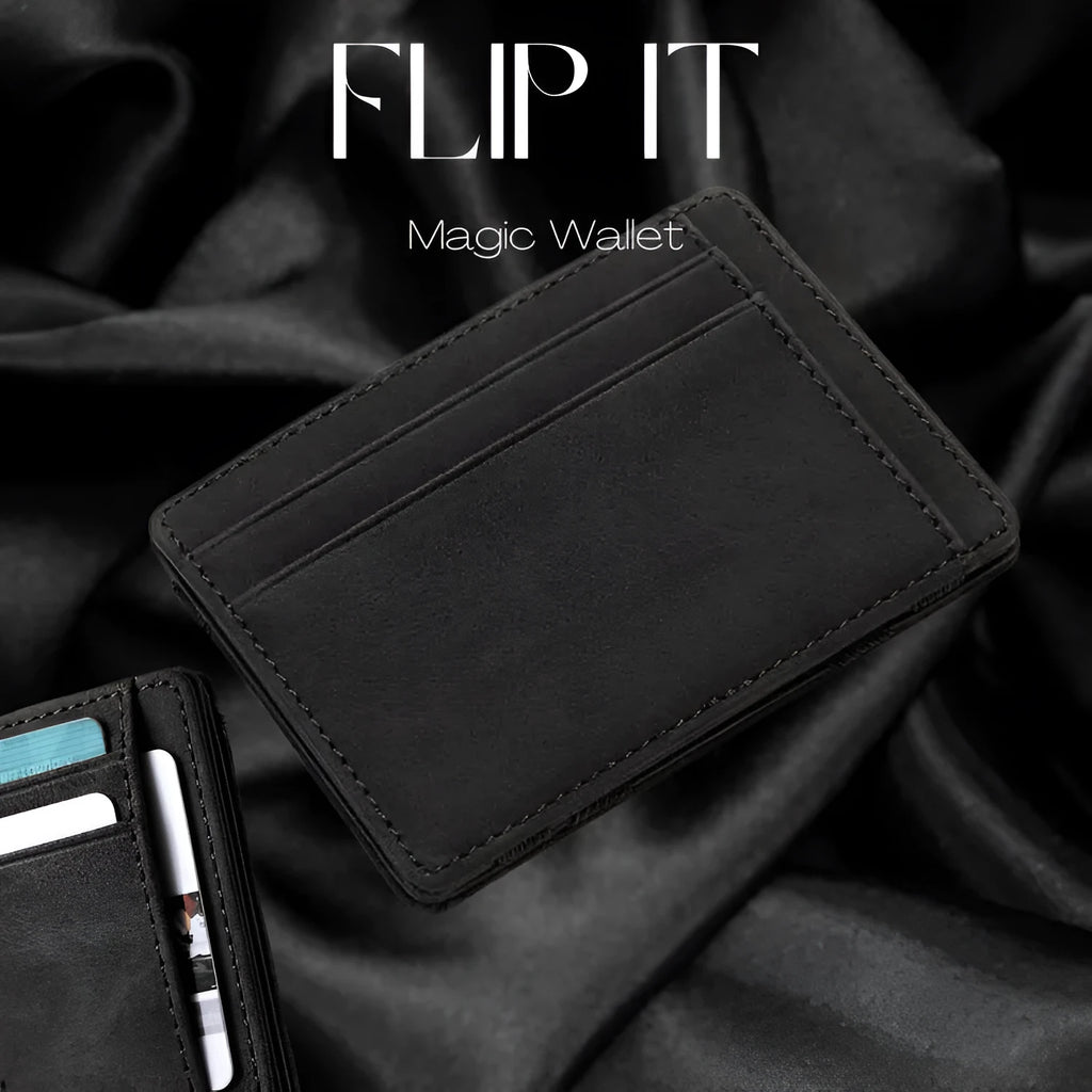 PU leather Magic Wallet in multiple colours, showing flip card holder and zipper coin compartment.