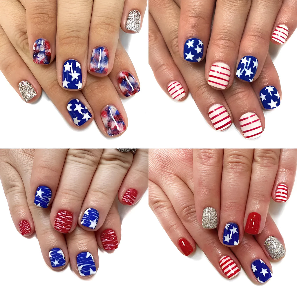 Red and blue glitter nail tips with Independence Day designs and European square styling