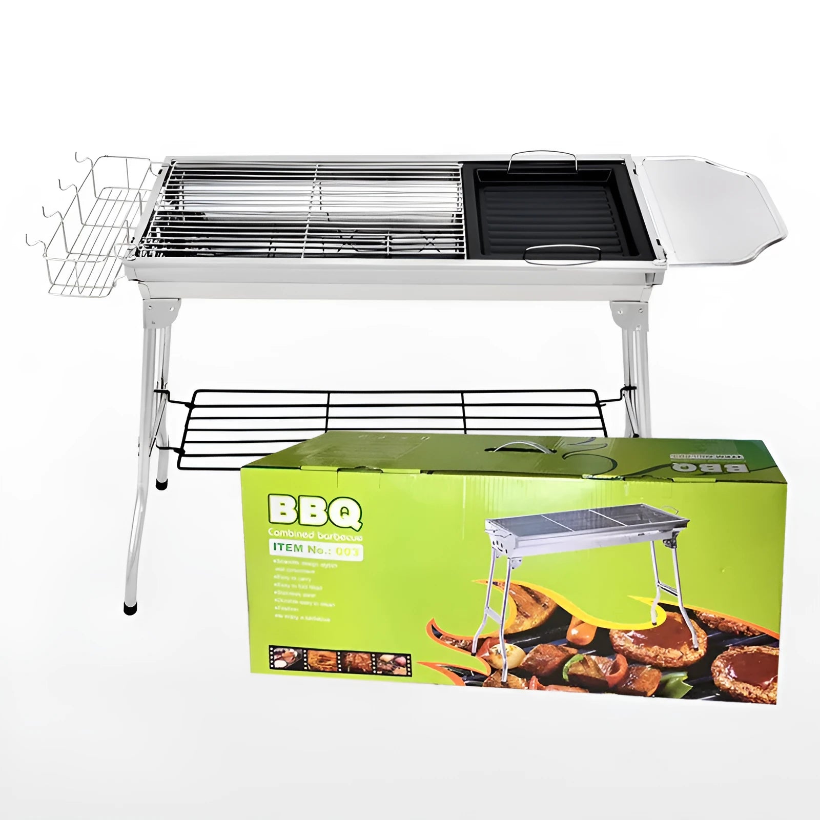 Stainless steel portable folding barbecue oven for outdoor group cooking.