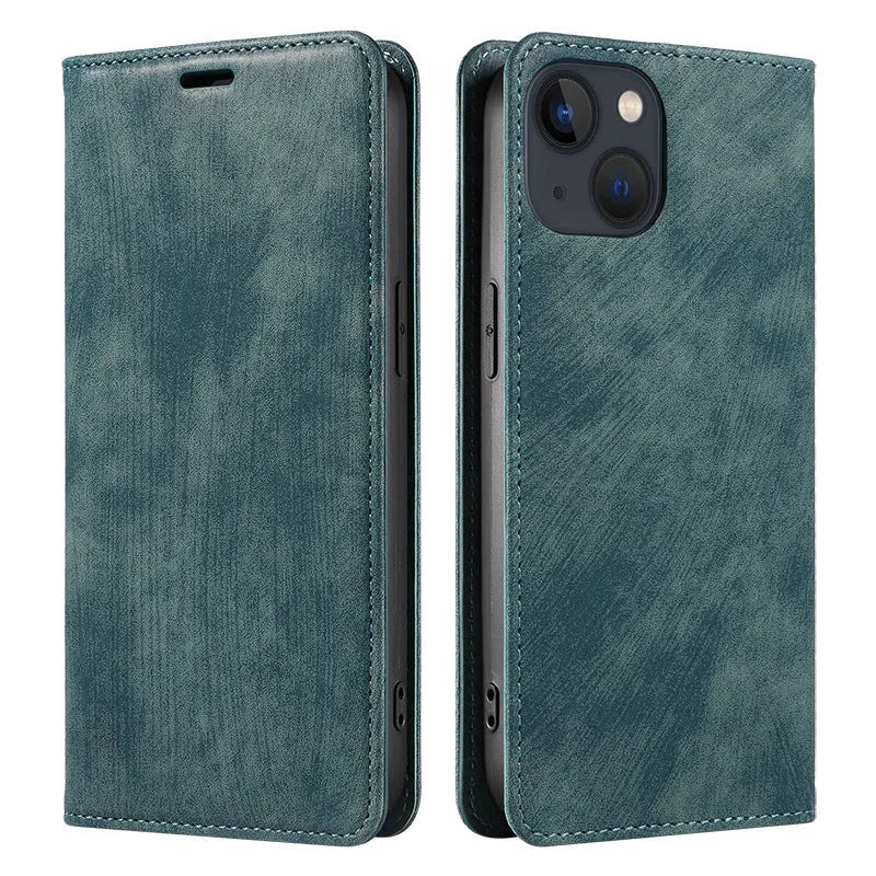 Magnetic flip phone case for iPhone in leather and TPU, shown closed and open with cards in slots.