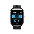 Black intelligent positioning phone watch for the elderly with a square screen and silicone strap on a wrist.