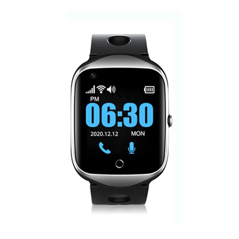 Black intelligent positioning phone watch for the elderly with a square screen and silicone strap on a wrist.