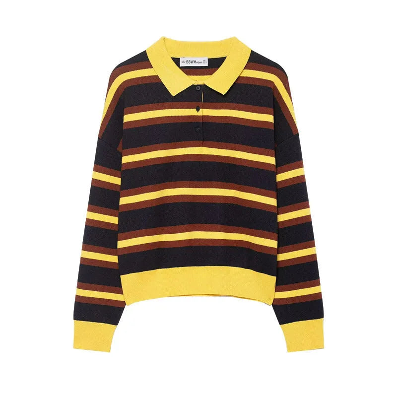 Women's striped polo collar knitted sweater in picture colour with contrast stitching and long sleeves