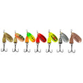 R composite metal fishing lure with rotating sequins and a copper bell in multiple colour options on a blue background.