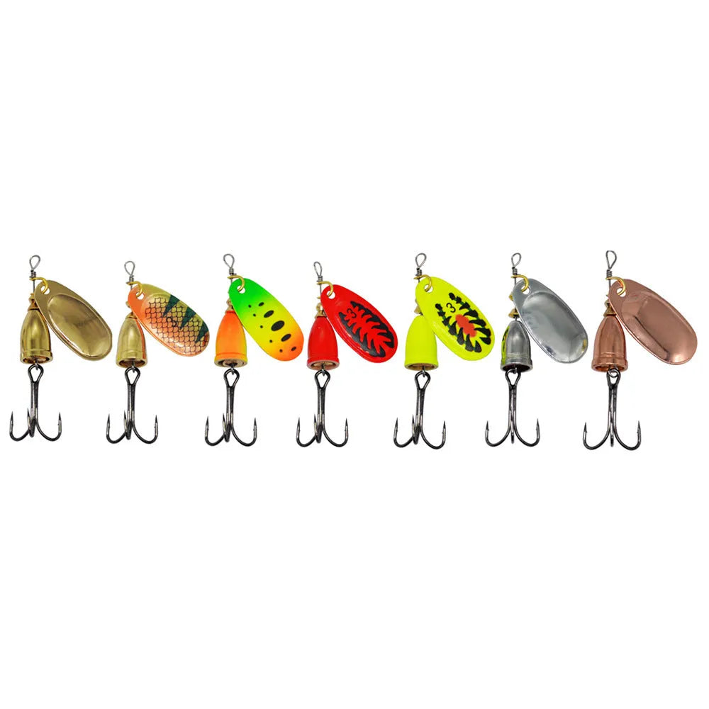 R composite metal fishing lure with rotating sequins and a copper bell in multiple colour options on a blue background.