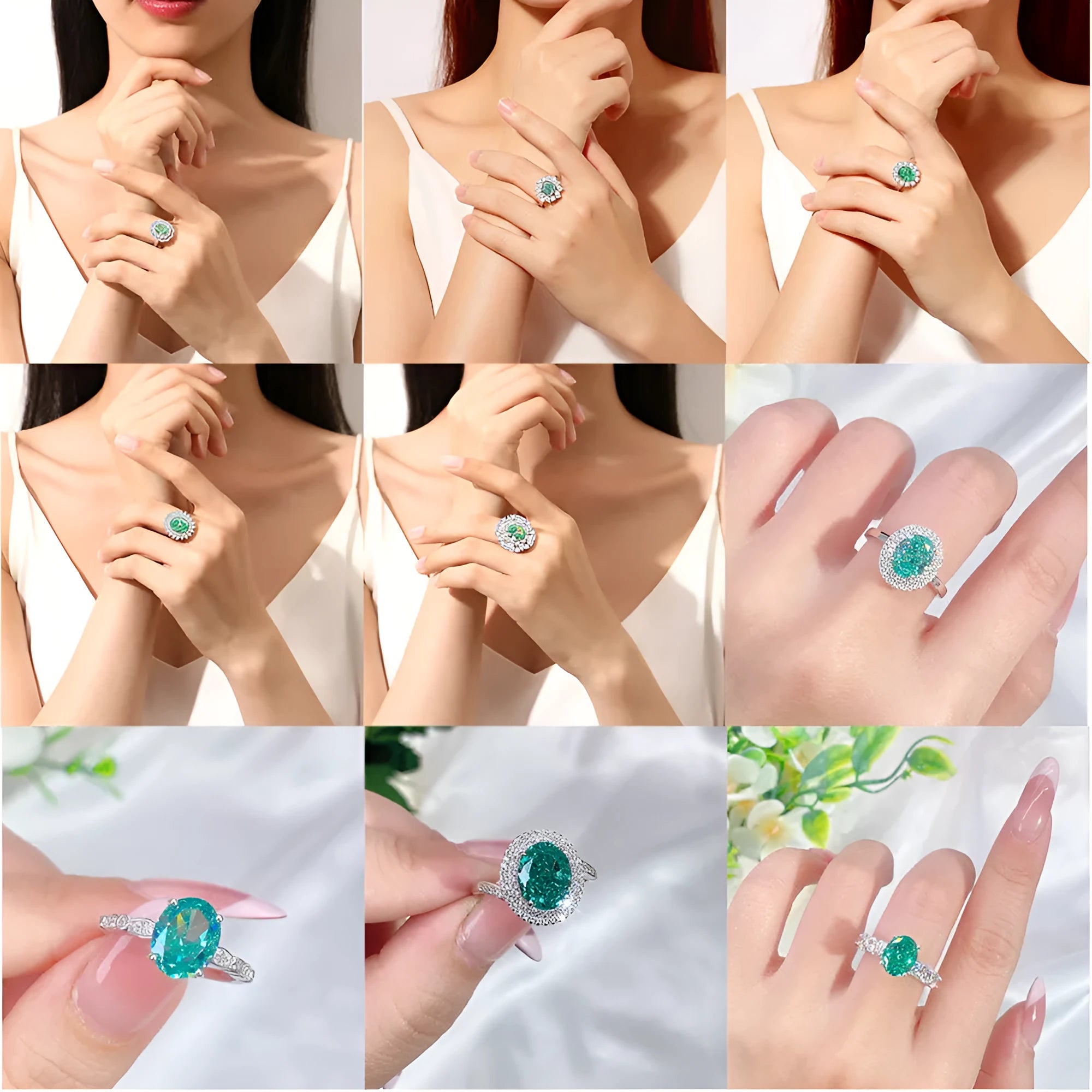 S925 sterling silver women's ring with emerald and high carbon diamond inlay in geometric oval shape.