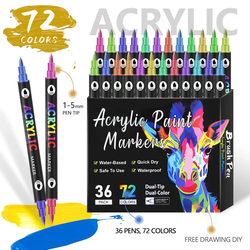 Set of double-ended washable acrylic marker pens with quick-drying opaque ink in various colours