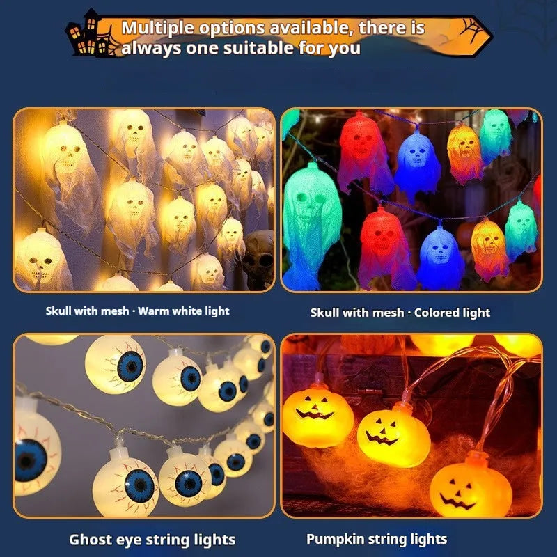 Battery-powered Halloween string lights with multi-coloured LED bulbs on a black wire.