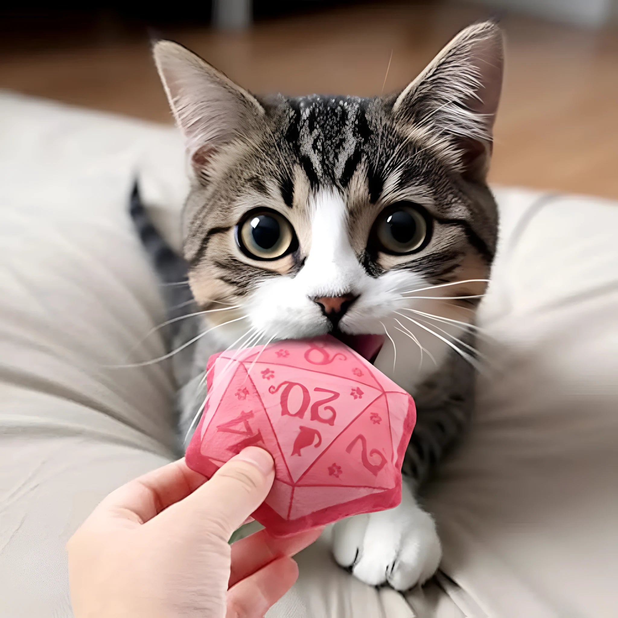 Dice-shaped soft plush catnip toy in assorted colours for interactive play and teething kittens.