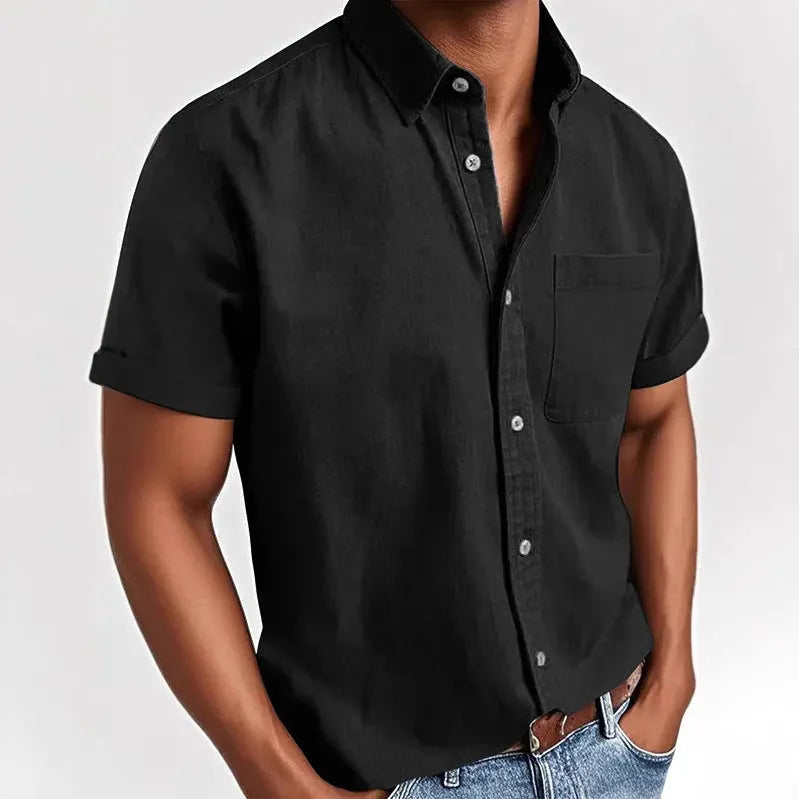 Men's solid colour short-sleeved polo shirt with a chest pocket on a hanger