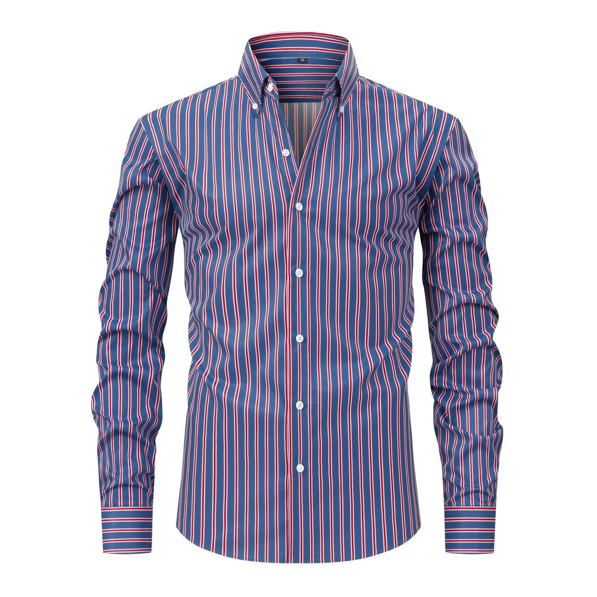 Men's slim-fit long sleeve striped business shirt in a blue and white colour pattern.