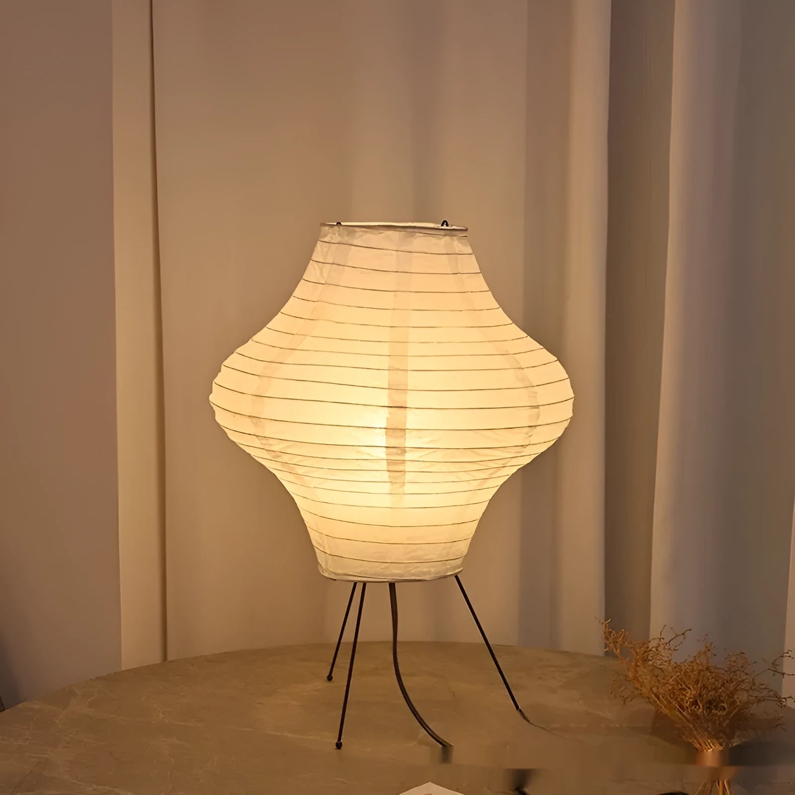 Silent Wind Japanese style Xuan paper table lamp with soft white glow on a wooden table.