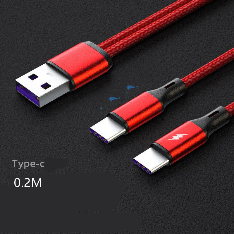 Black and red braided fast charging cable with two Android connectors for simultaneous device charging.