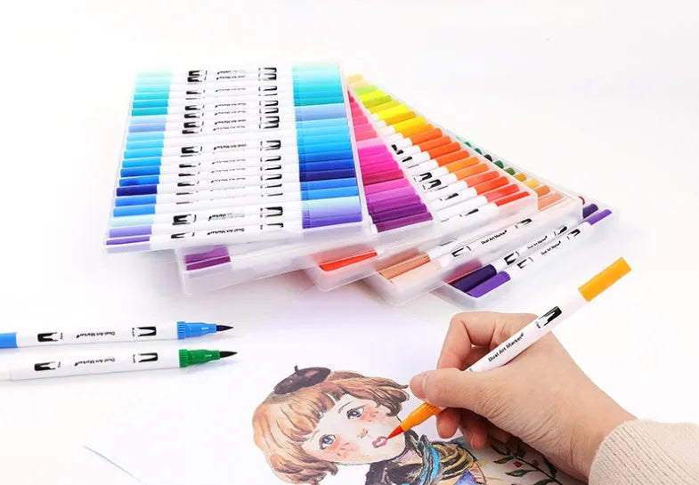 Set of watercolour pens in a case showing multiple vibrant colours for artistic use.