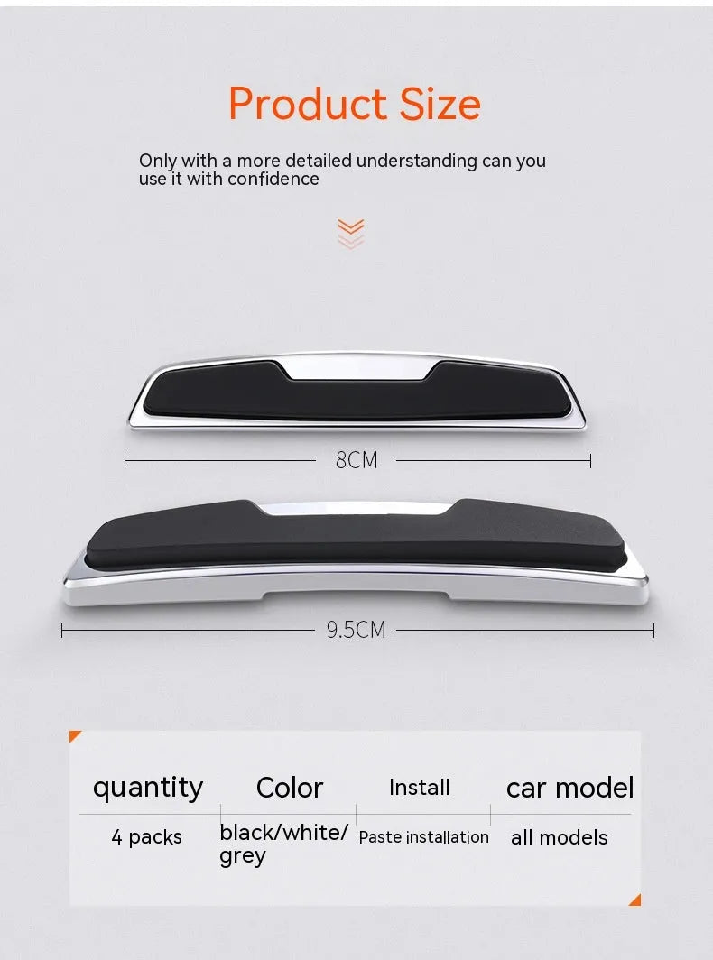 Four black plastic silicone car door bumper strips, each measuring 9.5 by 2 centimetres.