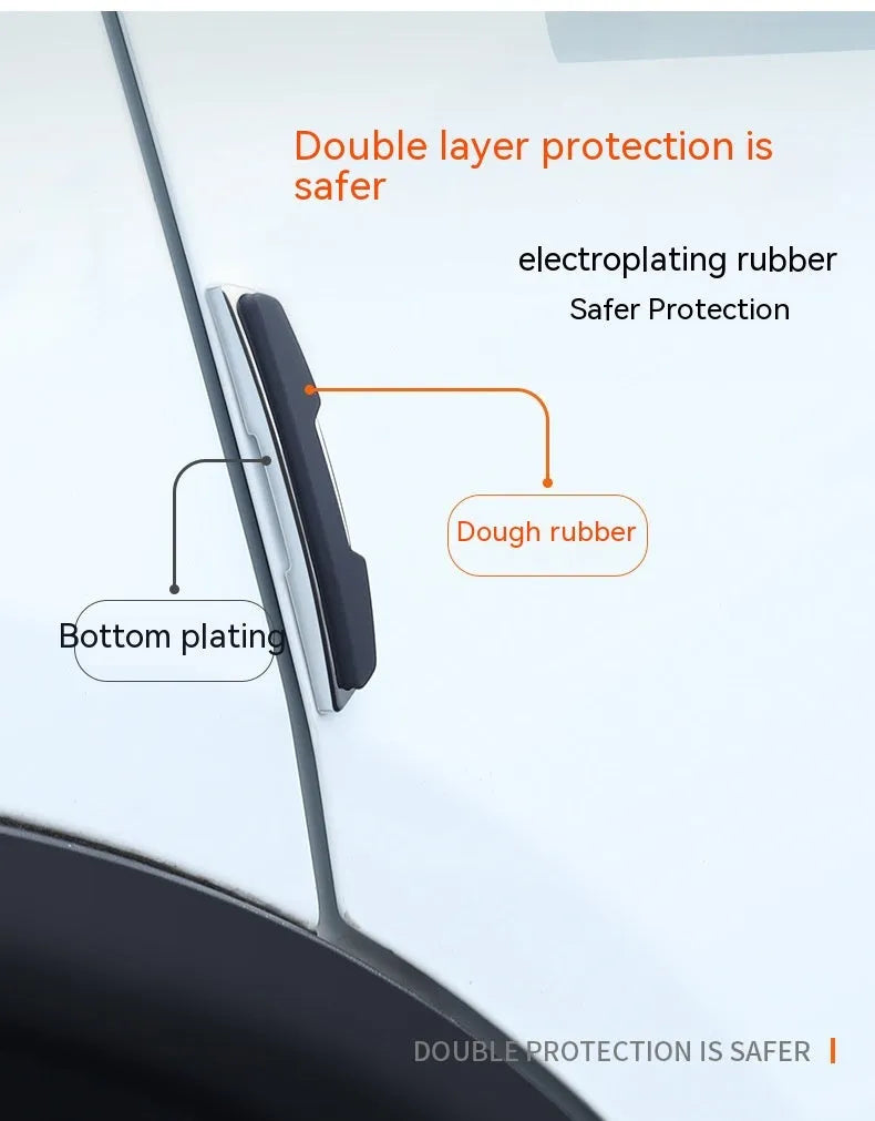 Four black plastic silicone car door bumper strips, each measuring 9.5 by 2 centimetres.