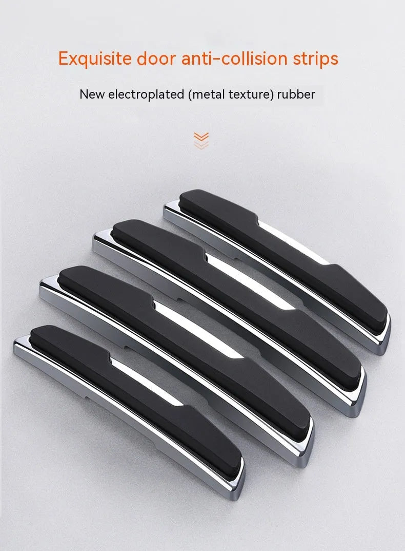 Four black plastic silicone car door bumper strips, each measuring 9.5 by 2 centimetres.