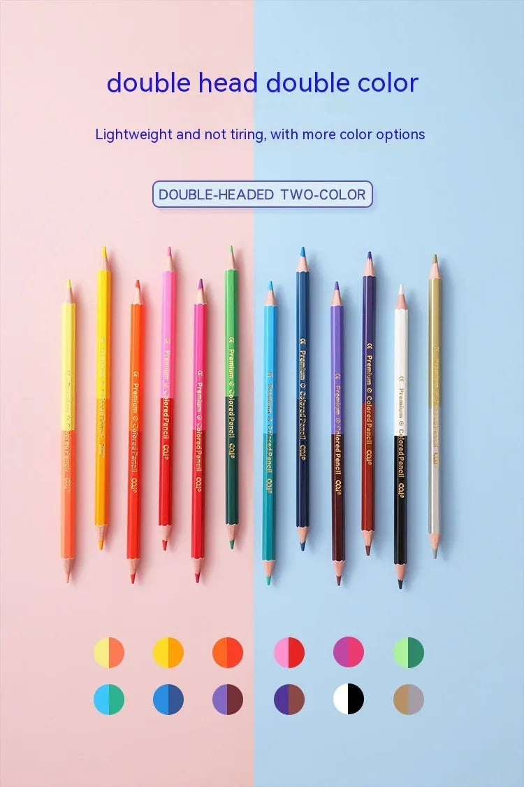 Wooden colouring pencils with double-headed colour lead in student art set packaging