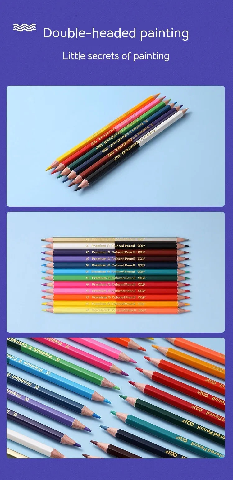 Wooden colouring pencils with double-headed colour lead in student art set packaging
